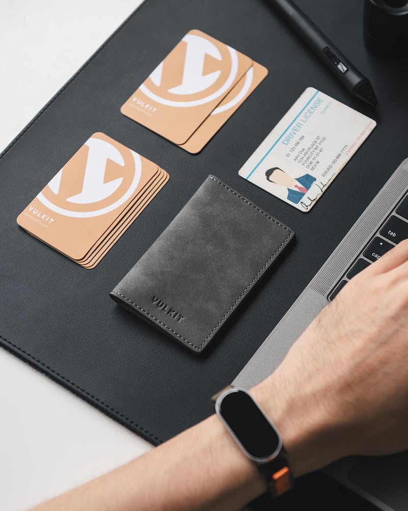 VULKIT Leather Business Card Holder 2 Sided Slim Business Name Card Organizer for Men or Women (Yangba Grey) - Image 5